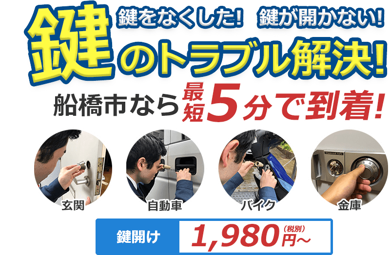 鍵をなくした! 鍵が開かない! 鍵のトラブル解決! どんな鍵でも対応致します!! 対応エリア内ならすぐに手配します!船橋市ならすぐに手配します!