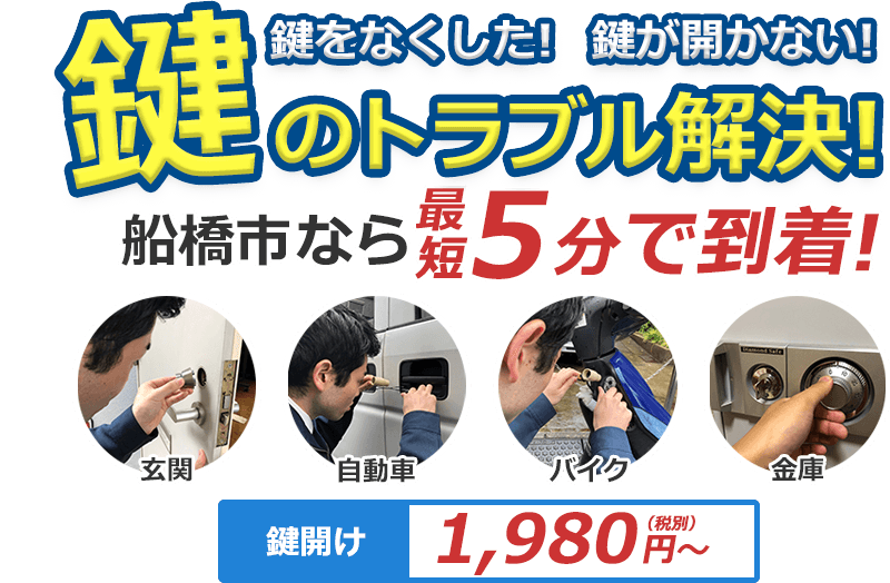 鍵をなくした！ 鍵が開かない！ 鍵のトラブル解決！ どんな鍵でも対応致します！！ 対応エリア内なら最短5分で到着！船橋市なら最短5分で到着！