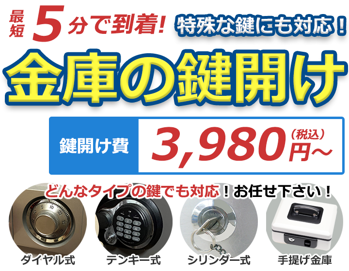 最短5分で到着！特殊な鍵にも対応！金庫 鍵開け 鍵開け料金3,980円～ どんなタイプの鍵でも対応！お任せください！ ダイヤル式・テンキー式・シリンダー式・手提げ金庫